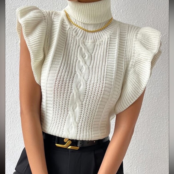 ✨Turtle Neck Ruffle Trim Cable Knit Sweater Vest - Picture 5 of 8